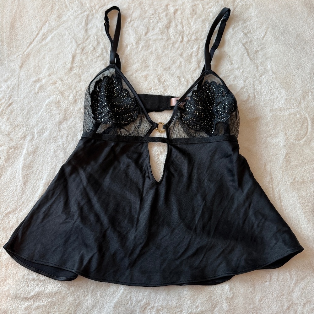New! Victoria's Secret tropical leaf Rhinestone Chemise Black 55975